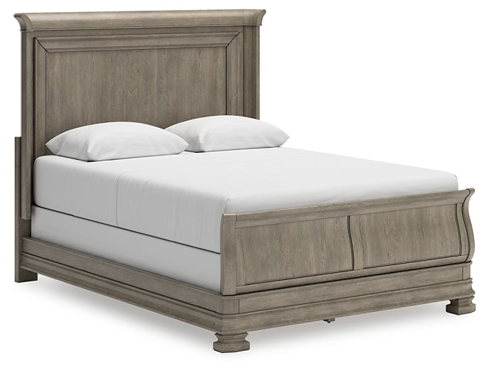 Lexorne Queen Sleigh Bed with Mirrored Dresser and Chest